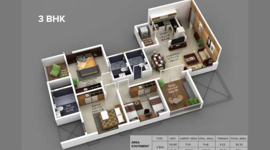 Ahura Ecopolitan-3BHK-3D-View
